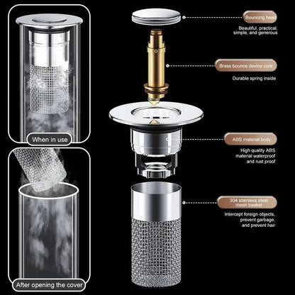 🔥Last save 49% OFF  Bathroom Sink Stopper Hair Catcher, Universal Pop Up Sink Drain Filter with Stainless Steel Filter Basket, Bathroom Sink Drain Strainer